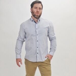 Spazio White With Dotted Navy Line Diamond Print Long Sleeve Button Up Shirt
